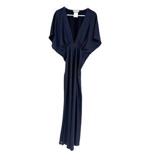 BHLDN Amelia Deep-V Flutter Sleeve Satin Navy Blue Maxi Gown Dress Elegant Sz 14